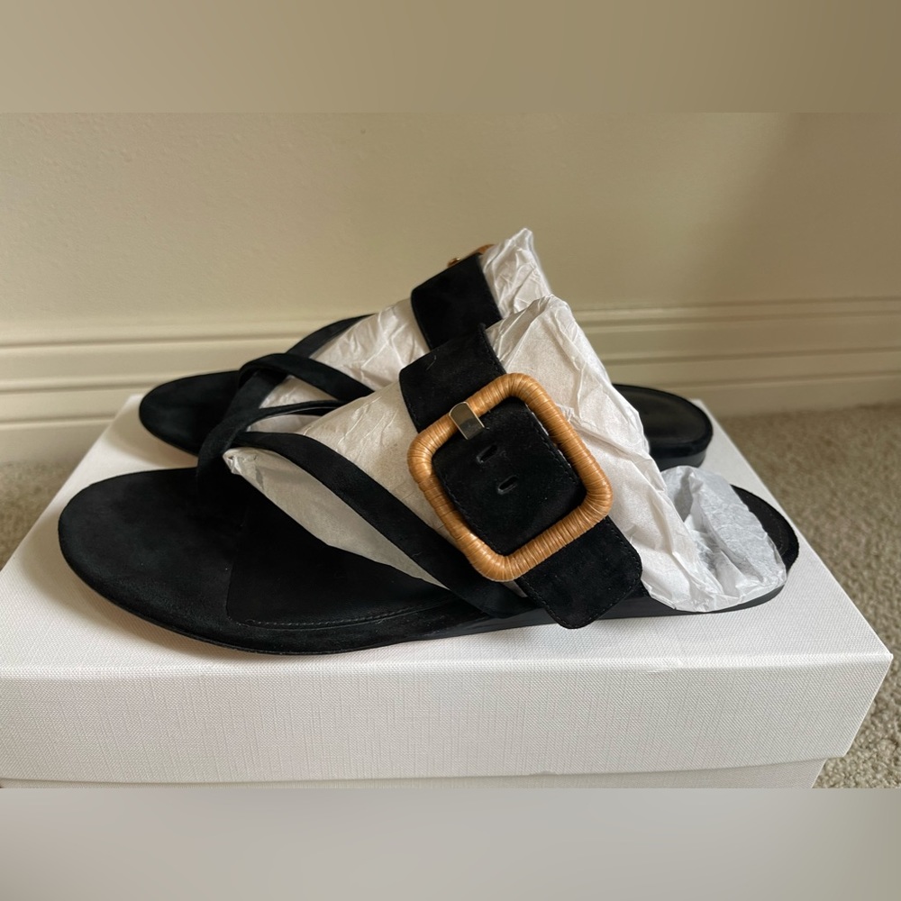 VERONICA BEARD - SALVA RAFFIA BUCKLE SUEDE FLAT SANDAL BLACK